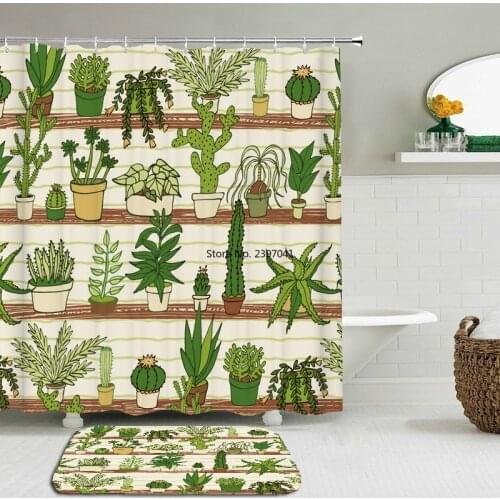 2PC Set Cactus Flower Shower Curtains Set Bathroom Waterproof Polyester With Rectangle Non-slip Floor Mat Bath Curtain Set