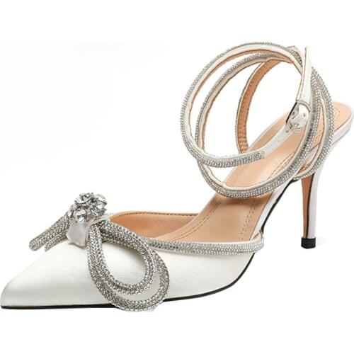 2021 Style Glitter Rhinestones Silk Women Pumps Crystal bowknot Satin Spring Autumn Lady Shoes High heels Party Prom Shoes 34-42