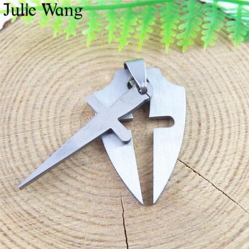 Julie Wang 5pcs Silver Color Cross Sword Shield Stainless Steel Charms Necklace Pendants Findings Jewelry Making Accessories