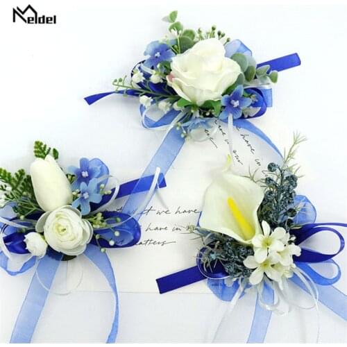 White Roses Blue Ribbon Wrist Corsage Wedding Boutonnieres Tulip Bracelet Flowers Groom Man Suit Buttonhole Brooch Pins Marriage