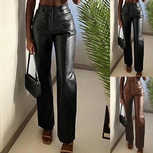 Womens Leisure Straight Pants Autumn Faux Leather Sexy Slim Pants Elegant Vintage High Waist Pocket Loose Office Lady Trousers