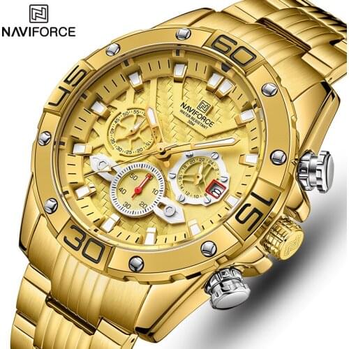 NAVIFORCE Mens Watches Top Luxury Brand Gold Business Quartz Male Clock Chronograph Sport Waterproof Steel Band Wrist Watch