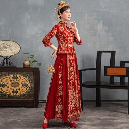 Bride Formal Vintage Embroidery Long Cheongsam Chinese Wedding Dress Women Banquet Costume китайская одежда