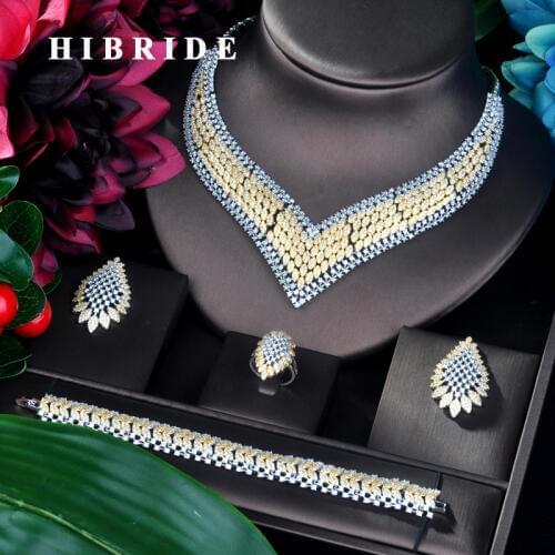 HIBRIDE Trendy Luxury Double Tone Dubai Jewelry Set CZ Earrings Necklace Women Bridal Jewelry Set For Party Gits N-894