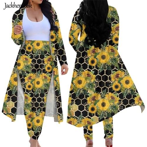 Jackherelook Sunflower Bees Brand Design Women 2 Piece Clubwear Outfits Plus Size Open Front Cardigan Long Bodycon Pants Sets