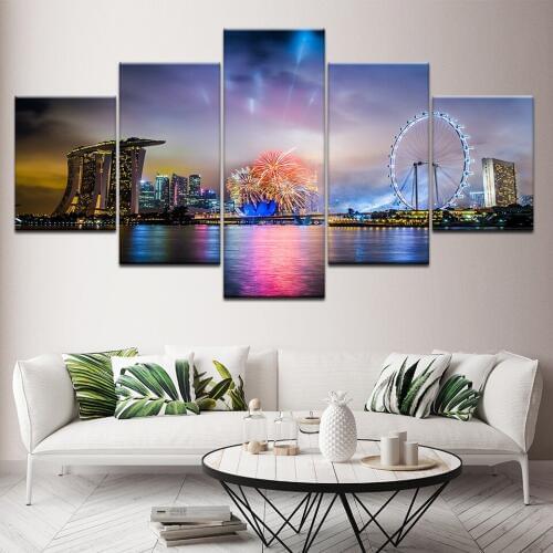 Canvas Painting fireworks in Victoria Harbour landscape 5 Pieces Wall Art Painting Modular Wallpapers Poster Print Home Decor