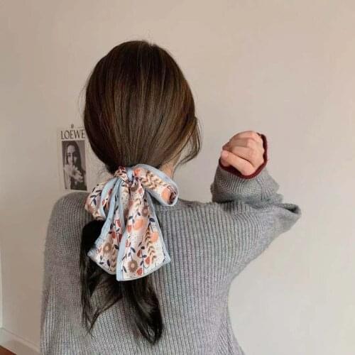 Korean Printing Small Silk Scarf Lady Hair Band Summer Ventilation Scarves Grace Lady Maiden Horsetail Bow Long Ribbon Wholesale