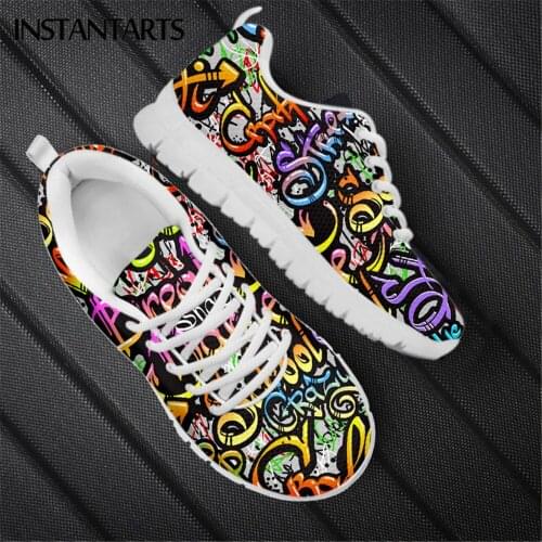 INSTANTARTS Personalized Graffiti Text Pattern Casual Sneaker for Women Breathable Mesh Flat Shoes Ladies Lightweight Zapatos