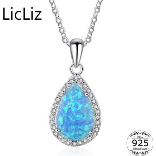 LicLiz Big 925 Sterling Silver Water Drop Pendant Necklace Collar Blue Opal Necklace Pave Zircon Halo Solitaire Necklace LN0269