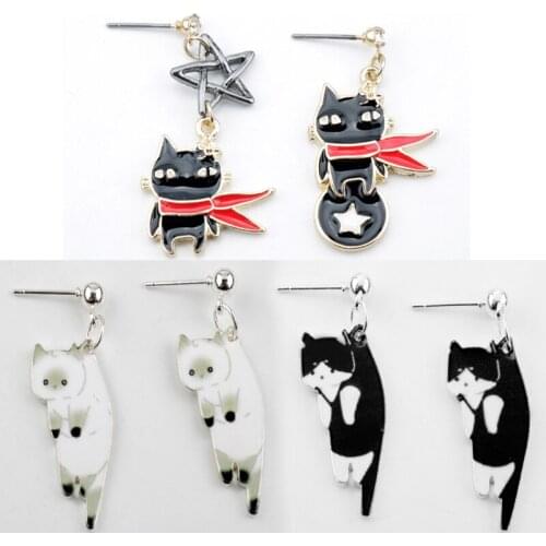 Fashion Shiny Enamel Kitten Black White Cat Dangle Earrings For Women Girls Cartoon Animal Jewelry Accessories Gift
