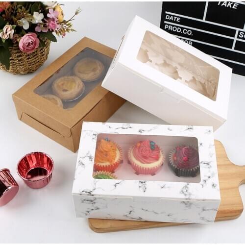Marble white cupcake boxes with window 2 / 4 / 6 paper cup cake packing box kraft paper muffin cake box packaging box