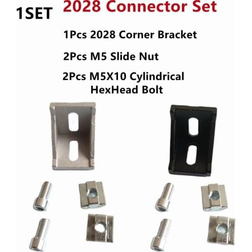 2028 Aluminum Profile Connector Set: 2Pcs M5X10 Cylindrical Hexagon Head Bolt + 1Pcs 2028 Corner Bracket + 2Pcs M5 Slide Nut