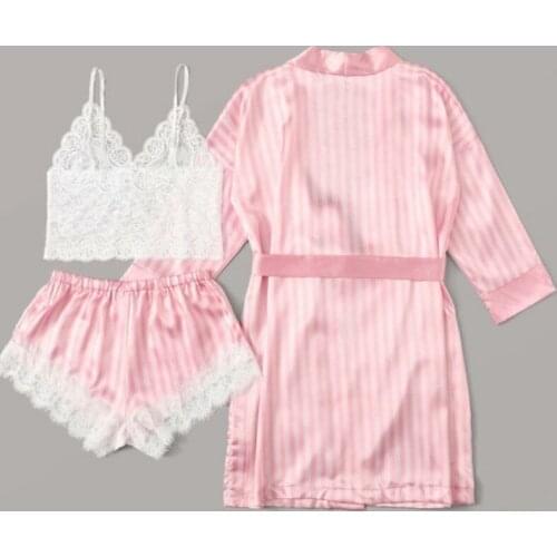 2021 New Sexy Sexy Pajamas Stretch Satin Pink Striped Jacket Lace Sexy Suit Pajama Set Women