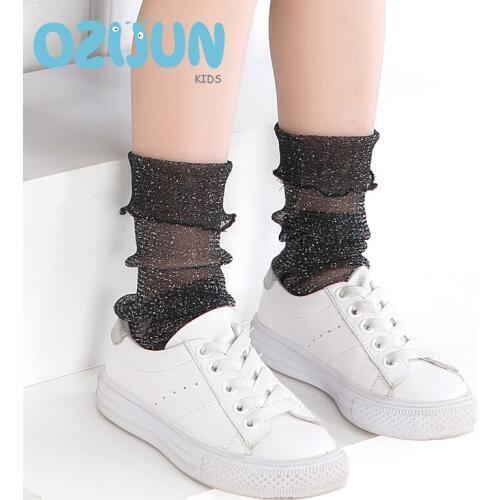 New Spring Summer Kids Girls Loose Socks Ultra-thin Mesh Bright Silver Lace Transparent Socks For Children Girls 3-12 Years