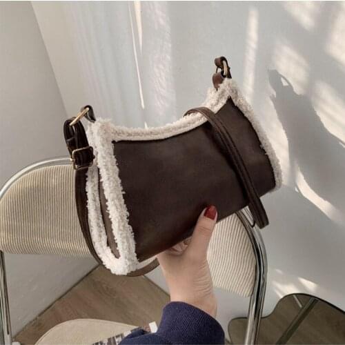 Autumn Winter Women Crossbody Bags PU Leather Plush Patchwork Retro Fashion Shoulder Bag Female Zipper Messenger Bag 2021 New