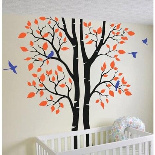 Autumn Tree With Flying Resting Birds Lovely Wall Decals Baby Kids Bedroom Playroom Wall Mural Vinyl Removable Cute Sticker T-16