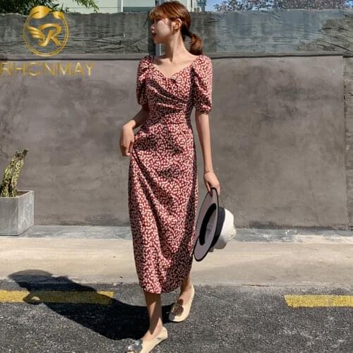 Vintage Floral Print Long Dress Sexy V-Neck Retro Puff Sleeve Boho Chiffon Women Dresses Summer Fairy Dress Robe Ete Femme 2020