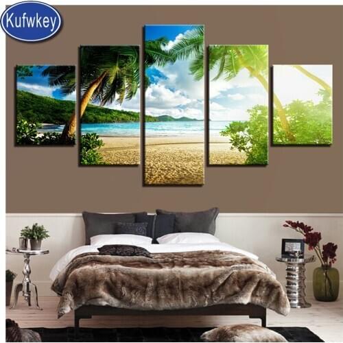 Full drill square diamond painting 5 Pieces Blue Sky Beach Palm Trees Seascape Pictures Living Room round diamond embroidery kit