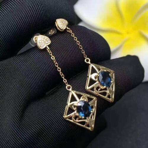Natural blue sapphire gem drop earrings 925 silver natural gemstone earrings folk-custom Retro rhombus women gift fine jewelry
