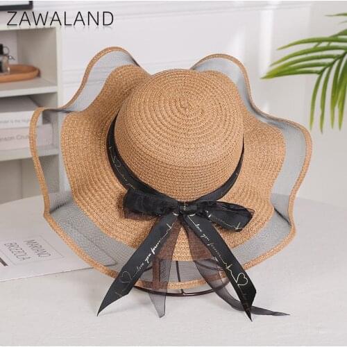 Zawaland 2021 Summer Women Sun Hats Traval Mesh Beach Straw Hat with Bow Elegant Brimmed Caps Outdoor Hiking Camping Foldable