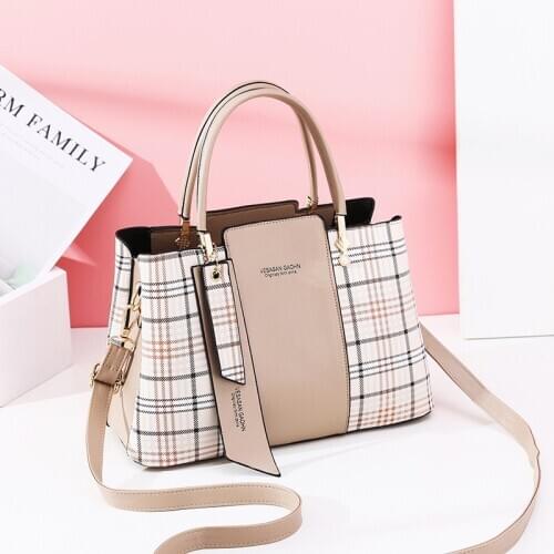 Handbags 2020 New Style Plaid Fashion Stitching Handbag Large Capacity All-match Bronze Shoulder/Crossbody Bag