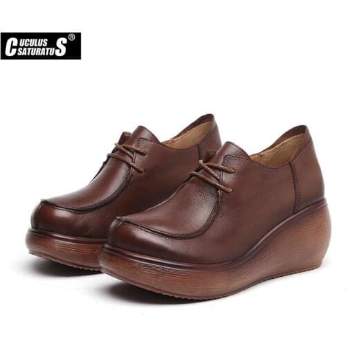 Cuculus Genuine Leather Handmade Women Shoes Brown Black Casual shoes Lace up Thick bottom shoes Retro Style springtime