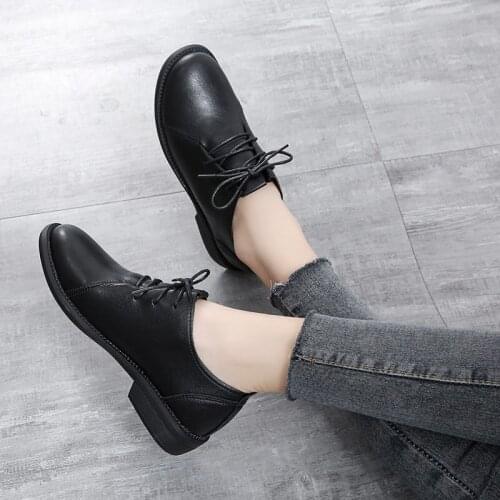 Solid Leather Casual Shoes Woman Oxford Shoes for Women Flats Lace Up Square Low Heels Brogues Women Shoes Zapatos De Mujer