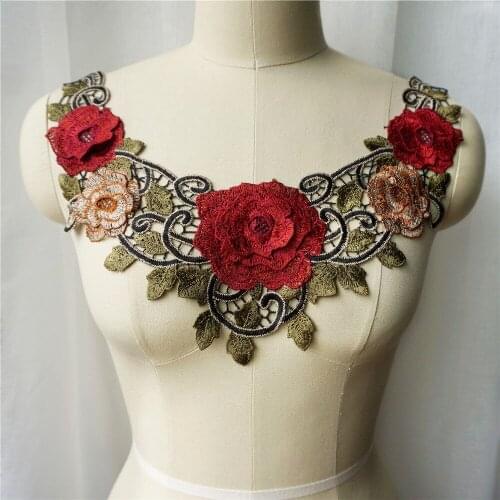 Embroidered Red Rose Flower Fabric Collar Leaf Gown Appliques Sew On Patch Forest Style For Wedding Decoration Dress DIY
