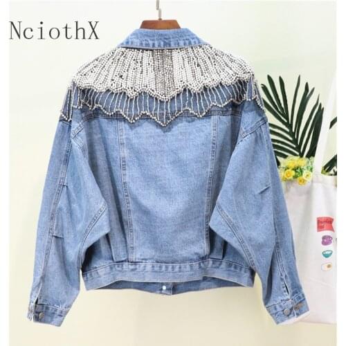 2021 Spring Autumn New Women Luxury Diamond Pearl Denim Jacket Female Fashion Jacket Long Sleeve Vintage Denim Jacket Outerwear