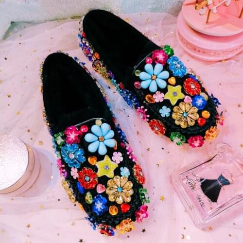 Womens Rhinestones Crystal Rainbow Colors Loafers Fur Furry Flats 3D Flowers Slip On Warm Winter Snow Shoes Luxury DIY New 2021
