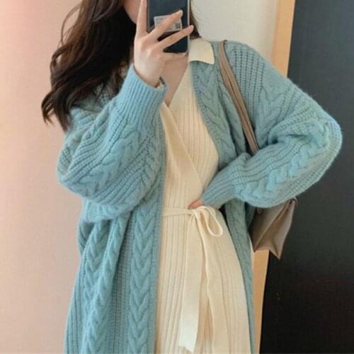 Womens Autumn Long Knitted Cardigan Thick Casual Twist Woven Open Stitch Long Knit Outerwear & Sweater