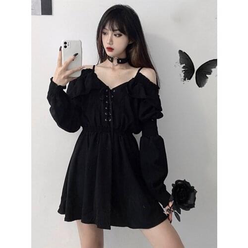 Women Dress Plus Size 4XL Lace Up Black Autumn 2021 Sexy High Waist Femme Dresses Off Shoulder Long Sleeve Gothic Clothe LYQ1326