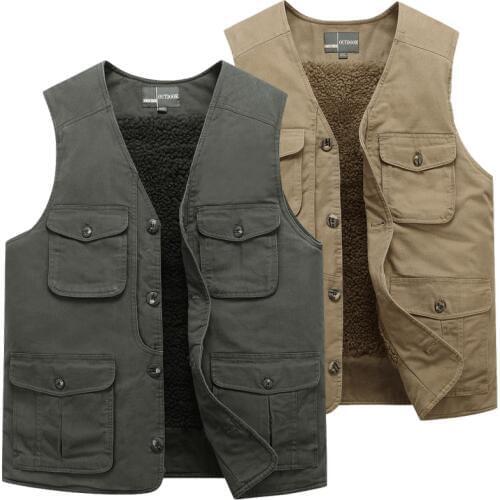 Winter Multi Pocket Baggy Vest Casual Men Khaki Fleece Warm Sleeveless Jacket With Many Pockets Solid Zipper Reporter Waistcoat