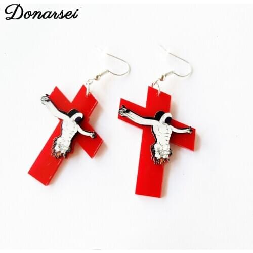 Donarsei Halloween Horror Jesus Acrylic Earrings For Women Religious Scary Red Cross Drop Earrings Night Club Party Jewelry