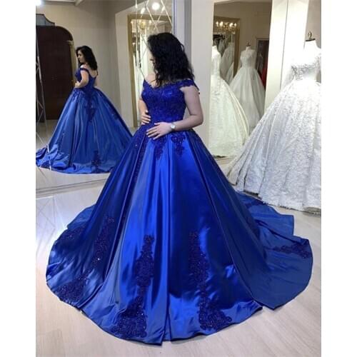 Royal Blue Ball Gown Appliques Prom Dresses Long Off Shoulder Formal Evening Party Ball Gown Robe De Soiree