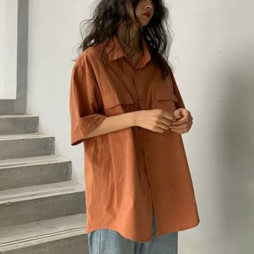 Vintage Blouses Women Short Sleeve Shirts Summer Women Chic Tops Retro All-match Pockets Girls Oversized Solid Button Up Shirt