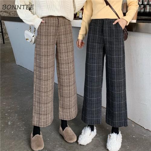 High Waist Pants Women Plaid Ankle-length Ins Retro Trendy Student Spring Students Casual Soft High Quality Daily Hot Sale Femme