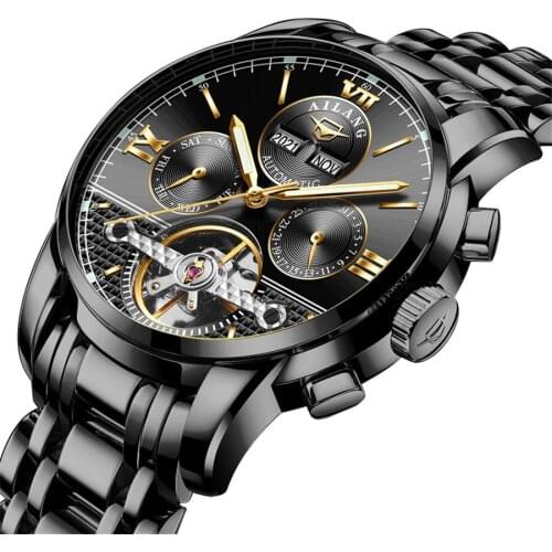 2021 Top Brand Luxury Watch Tourbillon Mechanical Waterproof Watch Business Fashion Black Stainless Steel Wristwatch Male Clock