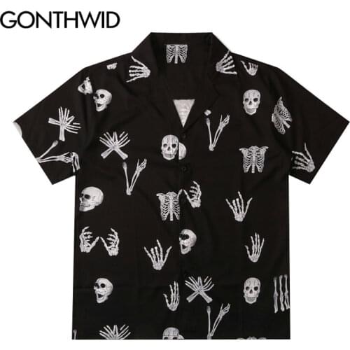GONTHWID Hawaiian Shirts Streetwear Skull Skeleton Print Beach Shirt Streetwear Hip Hop Casual Tropical Harajuku Button Tops