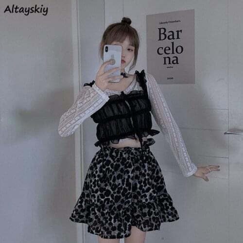 Sets Women Fashion Lace White Tops Sexy Black Short Spaghetti Strap Folds Summer Ulzzang Leopard Elastic High Waist A-line Skirt