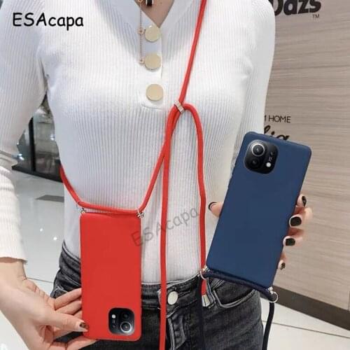 Matte Soft TPU Phone Case For Xiaomi 11 lite 10 Ultra Lanyard Chain Case Cover For MI 10T 10S Candy Colors Silicone Back Cover