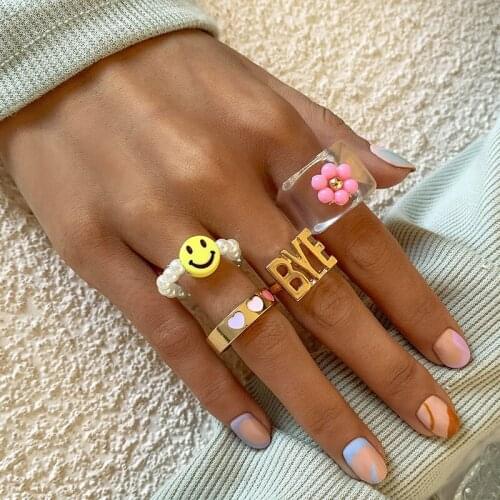 Fashion Acrylic Geometric Flower Pearls Rings Set for Women Smile Face Letters Finger Knuckle Rings Jewelry Bague Anel Gift