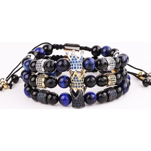 New Design Natural Stone Blue Tiger Eye Zircon Crown Charm Friendship Macrame Adjustable Bracelet Men