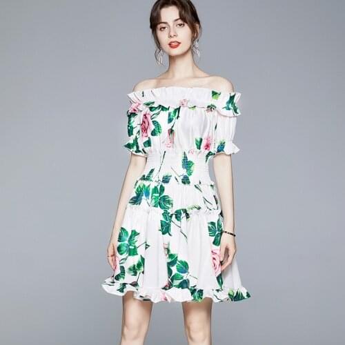 New Women Dress Summer 2021 Fashion Sexy Slash Neck Short Sleeve Strapless Elastic Waist Ruffles Slim Dress Print Dress