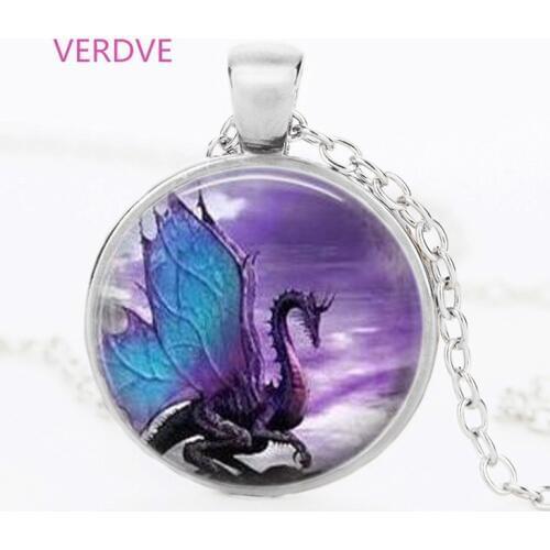 Blue Dragon black chain Necklace glass dome pendant necklace Jewelry Long Dragon Necklace Fantasy winged Dragon Jewelry