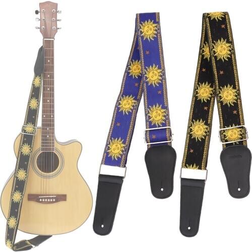 Durable Jacquard Weave Double Fabric Guitar Strap Sun Flower Pattern Genuine Leather Ends with for Acoustic Electric Guitar Bass