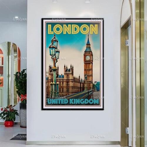 Retro Vintage Style Travel Poster London United Kingdom Oil Painting Posters and Print on Canvas Wall Art Modular Pictures Decor