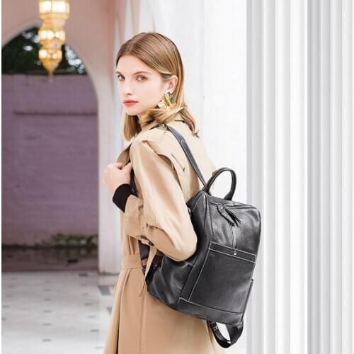 Use Bag School Dual Waterproof Cow Leather Brand New Zipper Large Backpack Black Computer Travel Backpack Women High Quality