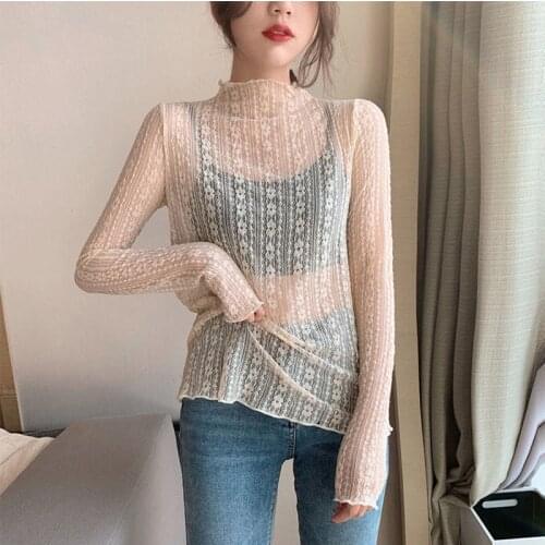 Sexy Lace See Though Women Blouse 2020 Autumn Winter Elastic Sweet Elegant Slim Long Sleeve Bottoming Mesh Fashion Ladies Tops