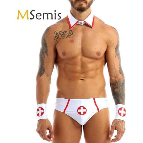 Sexy Costume for Mens Erotic Lingerie Doctor Nurse Role Play Erotic Uniform Outfit Set Briefs with Collar and Red Cross Cuff